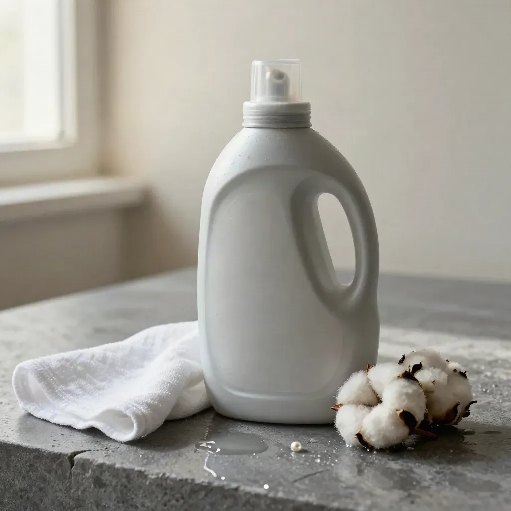 Detersivo ipoallergenico su pietra bagnata con salvietta bianca e batuffoli di cotone.