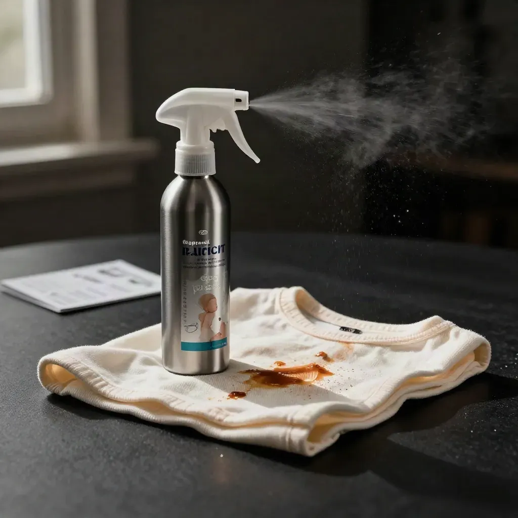 Spray smacchiatore in azione su maglietta e panno con macchia fresca, luce drammatica.