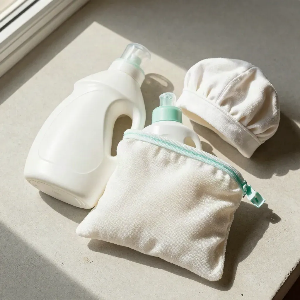 Kit bucato neonati con flacone, pouch e cappellino su panno di mussola
