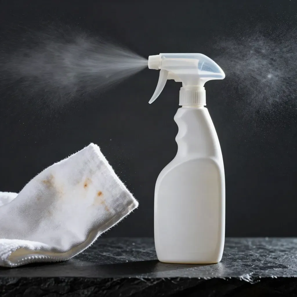 Boccetta spray pretrattante che nebulizza su polsino di cotone e panno chiaro su fondo scuro